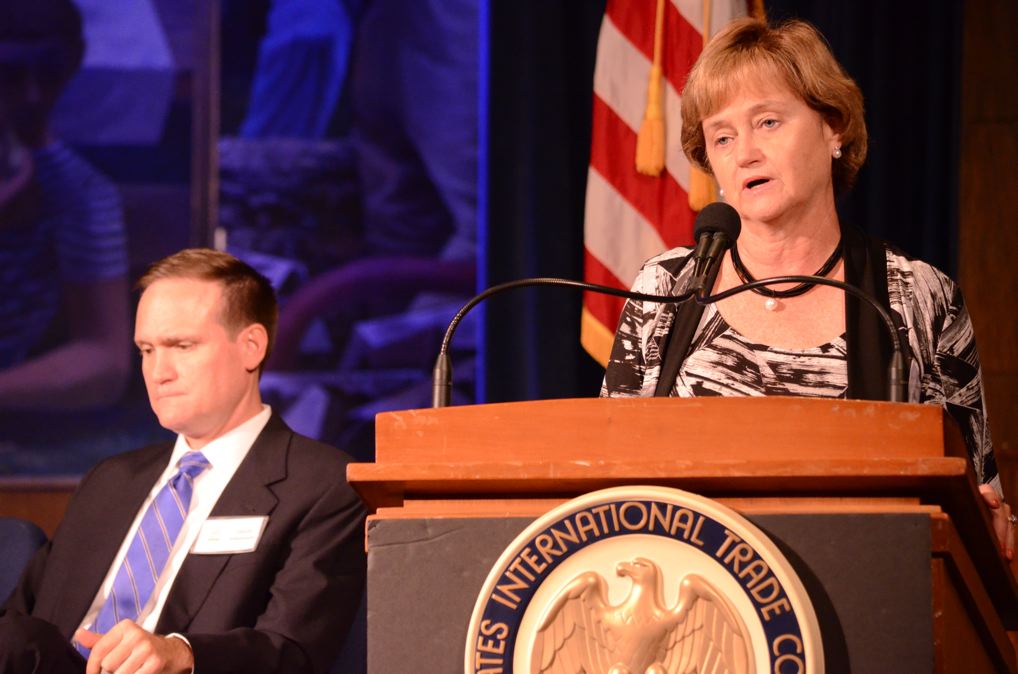 Barbara Norton, former Harmonized System expert at the USITC and USTR, providing commentary on what was presented in the 'Tariff Activities' panel. Shown with Vice Chairman David Johanson.”