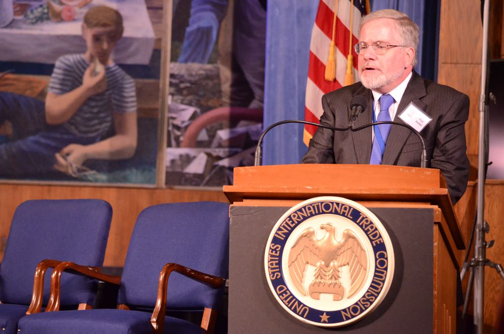 Former USITC Assistant General Counsel Paul Bardos, Editor-in-Chief of the Centennial History, providing introductory remarks. 