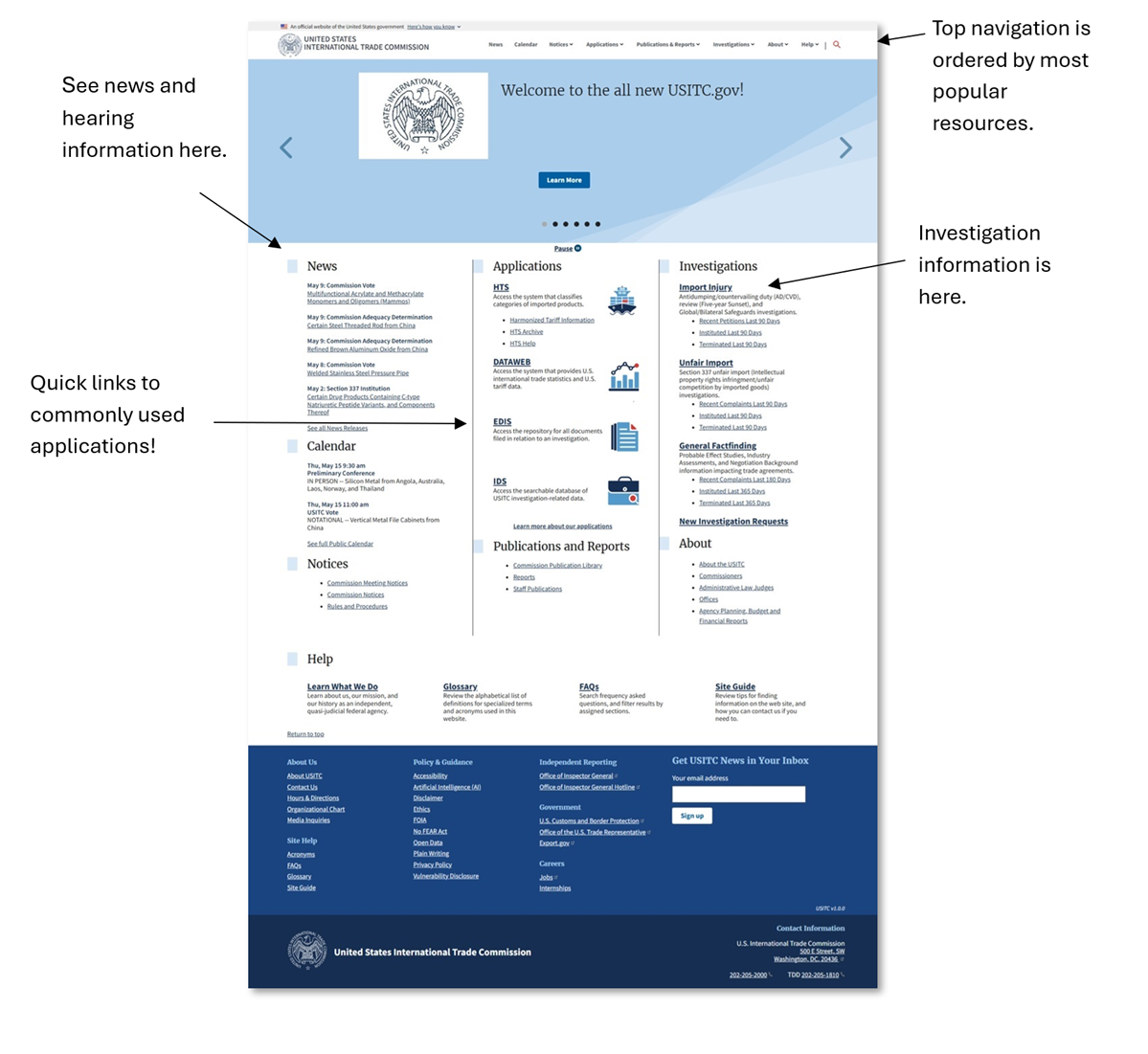 Screenshot of the redesigned USITC.gov homepage with arrows noting the new and improved features