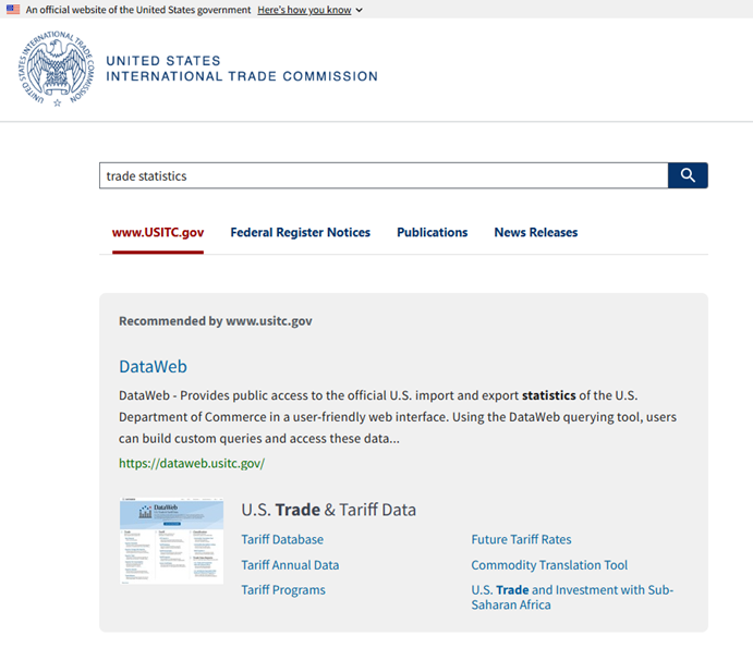 Screenshot of redesigned USITC.gov search page