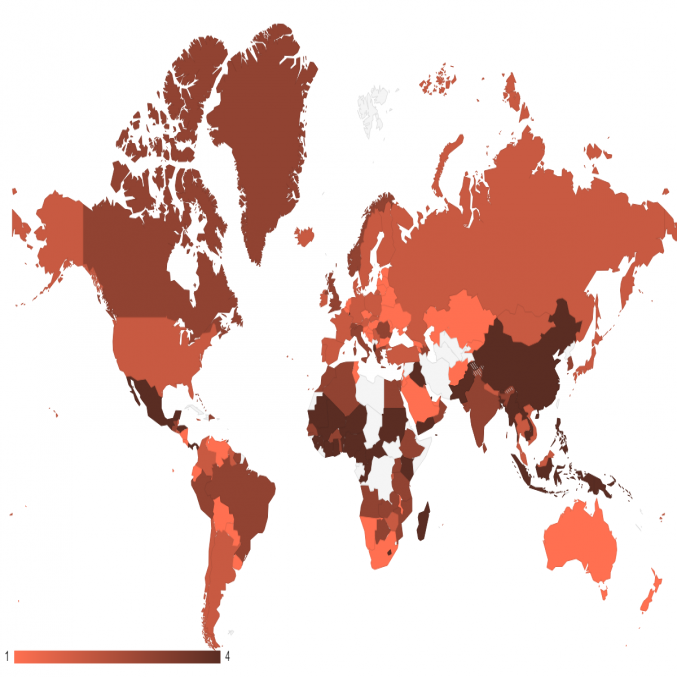 A map of the world in which countries are colored based on the restrictiveness quartile that they belong to. Darker countries are more restrictive, lighter countries are less restrictive.  Table 5 in the appendix provides the actual rankings on which this image is based. 