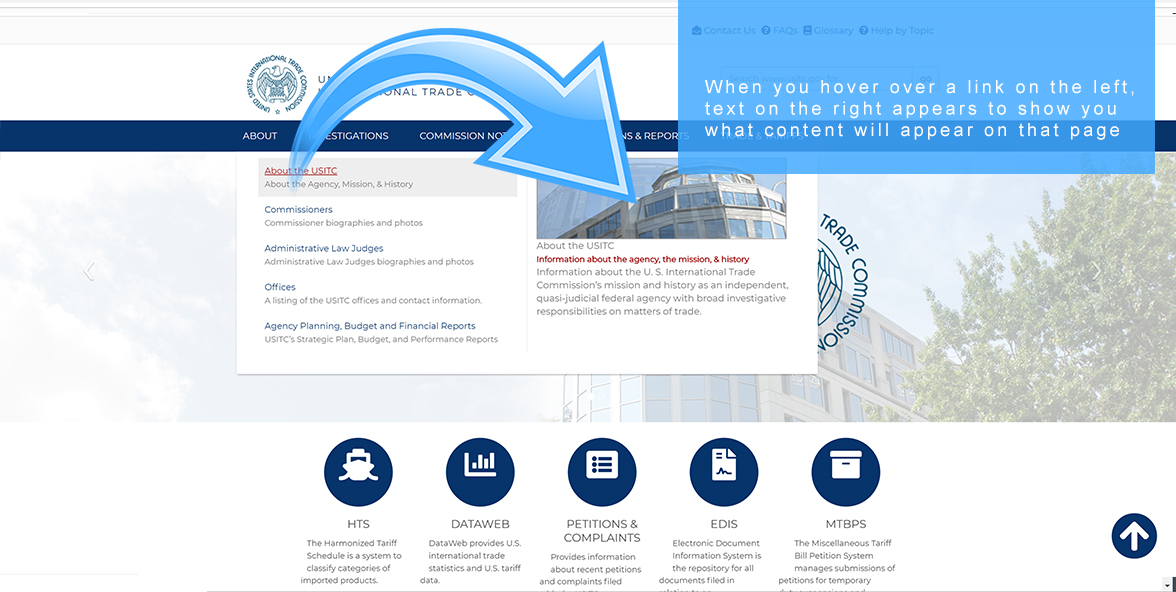 Screenshot of the dropdown navigation of usitc.gov. Hovering over links presents additional information to the right.