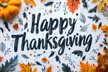 A photo with the words Happy Thanksgiving flanked by fall foliage