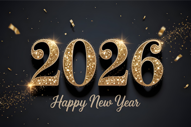 The year 2026 appears in gold with streamers around it. Beneath the year is the text Happy New Year