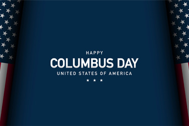 Image of a dark blue background with the text Happy Columbus Day flanked by American flags