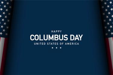 Image of a dark blue background with the text Happy Columbus Day flanked by American flags