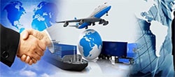 Trade graphic depicting globe, a handshake, and an airplane
